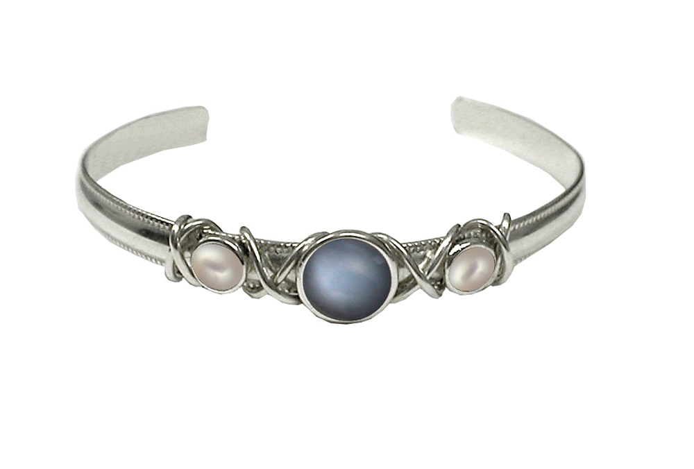 Sterling Silver Hand Made Cuff Bracelet With Grey Moonstone And Cultured Freshwater Pearl